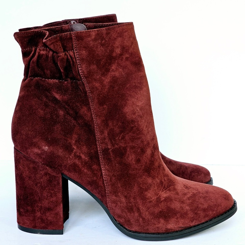 Arturo Chiang Rakel Dark Berry Suede Ruffle Back Ankle Boots Block Heel 9.5M